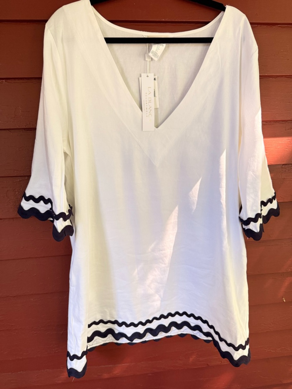 La Blanca White Mini Tunic with Navy blue Scalloped Trim